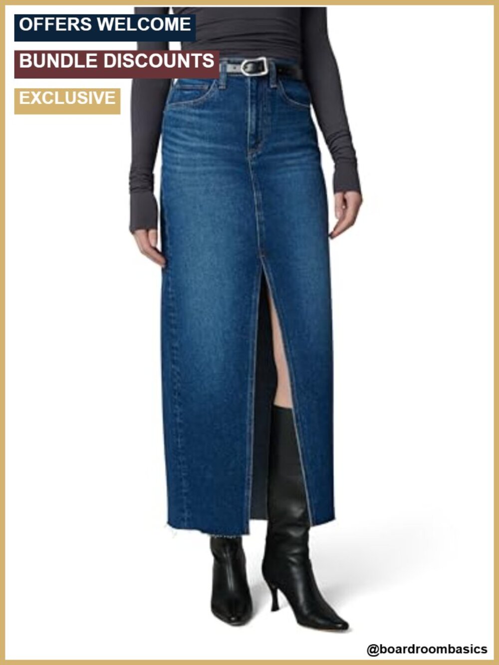 High Rise Maxi Denim Skirt with Front Slit & Raw Hem